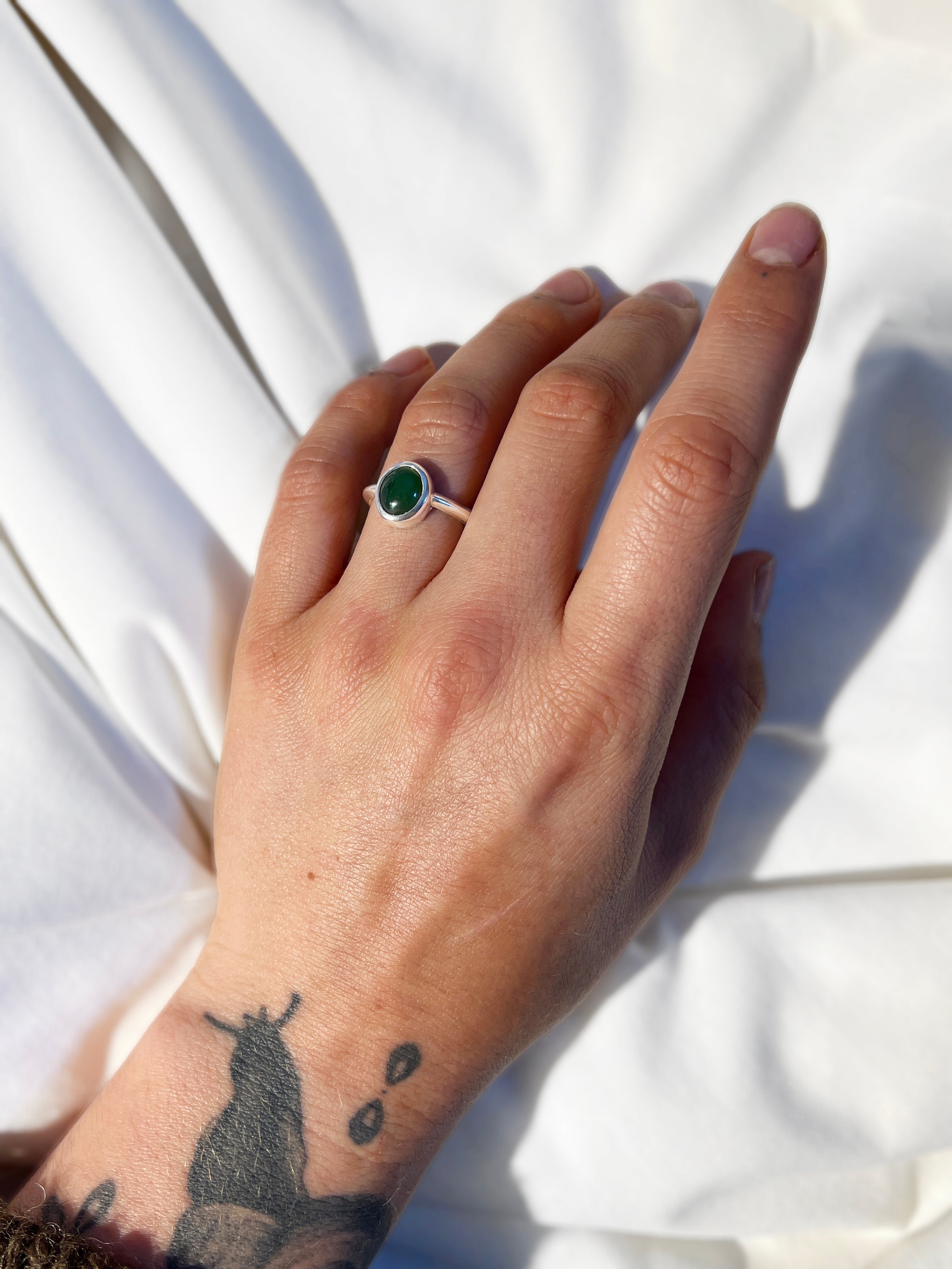 NZ Pounamu oval cabochon ring in sterling silver